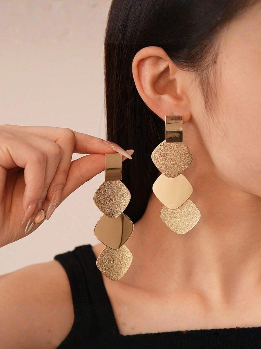 一对时尚个性夸张简约百搭复古几何造型合金流苏耳环，高端奢华风格 - 金黃色 - 查看 1