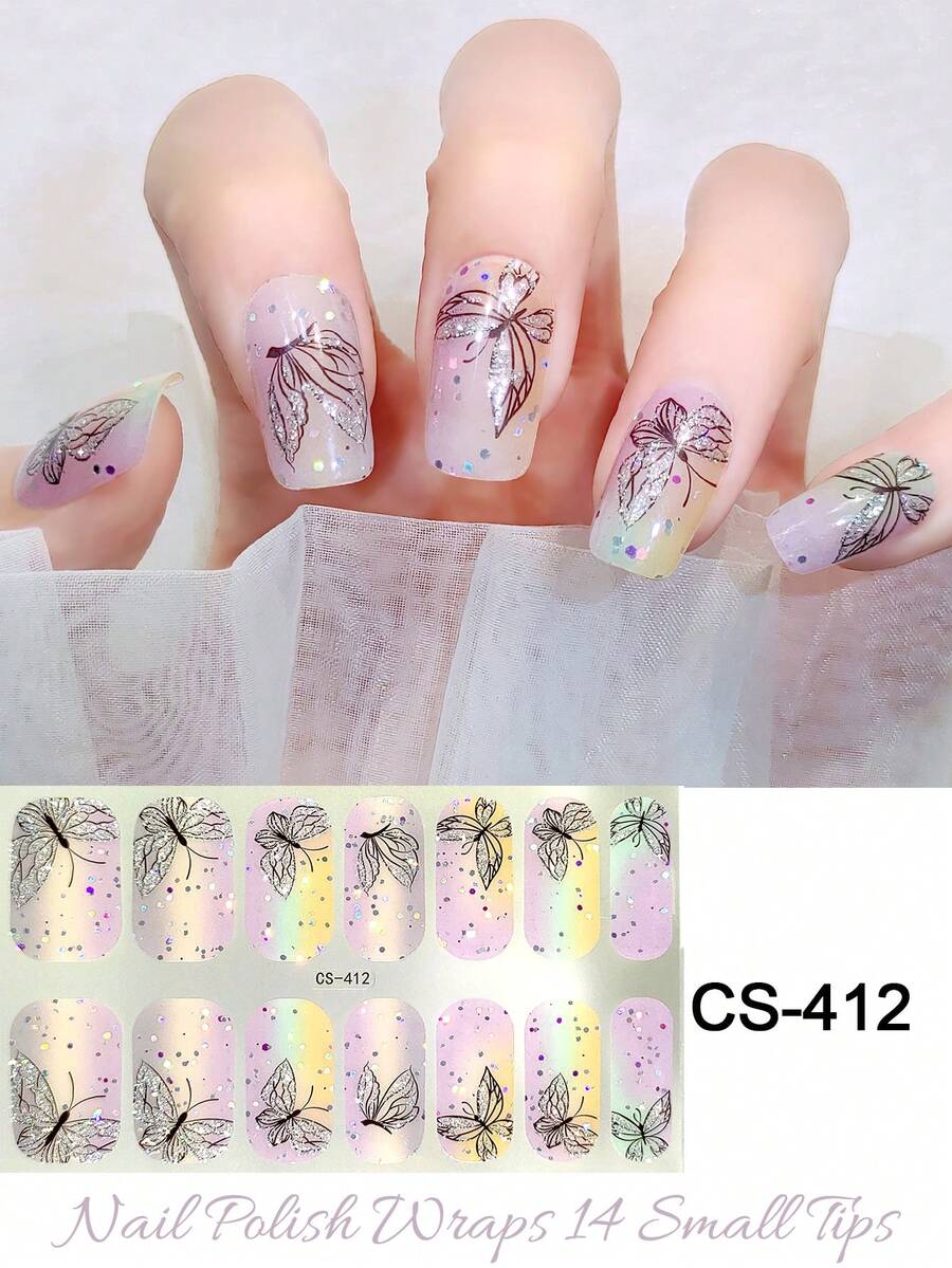 步入便捷世界！一包14片中号人造自然指甲贴纸，闪亮天空美甲贴纸，轻松变换你的美甲风格 - 彩色 - 查看 1