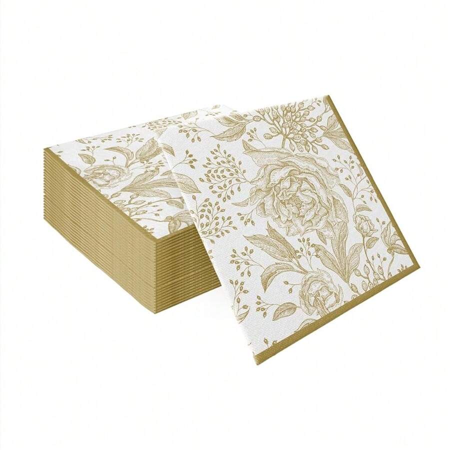 PAW - 50 Pieces Floral Linen-Feel Paper Napkins 16inch X 16inch, Disposable Cloth-Like Napkins With Rose Design, Dinner Napkins For Party, Wedding, Barbecue, Picnic,DinnerNapkins,RosePeonies - 玫瑰牡丹 - 查看 1