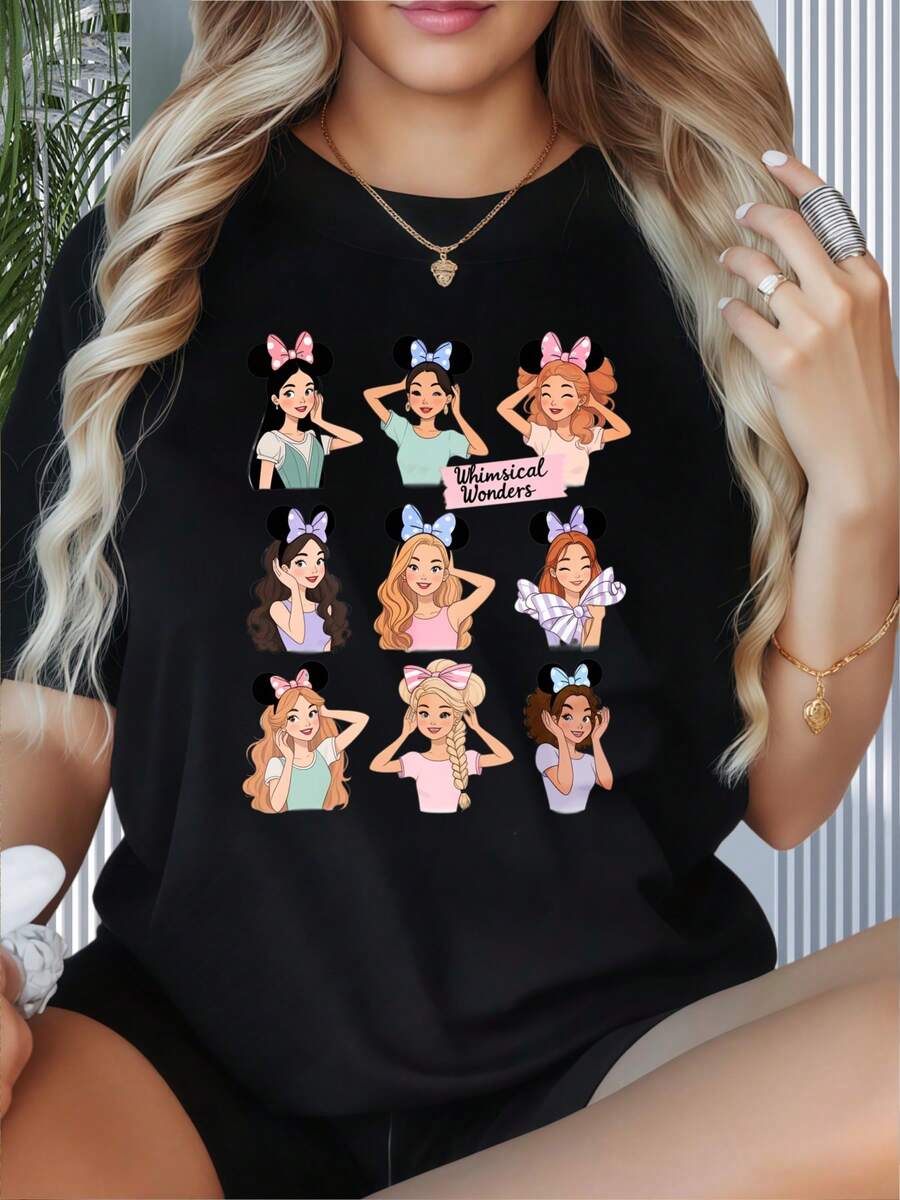 Whimsical Wonders Minnie Mouse Inspired Women's T-Shirt With Disney Character Designs Cute Cartoon Print Summer Casual Top For Girls And WomenWomen's T-Shirt With Round Neck And Short Sleeves, Disney Theme Fun Printing, Suitable For Christmas Partysports Activitiesholiday PartiesoutingsNew Year Gift Sports And Other Holiday Gifts (220g). - Black - View 1