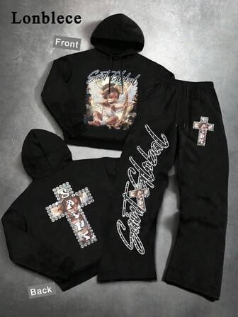 Lonblece 2pcs American Street Style Angel Print Hoodie, Casual Loose Streetwear Hooded Sweatshirt Set