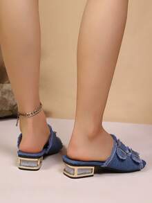 女士时尚做旧牛仔纹理金属扣坡跟凉鞋，复古百搭优雅高跟凉鞋，夏季新品 - 藍色 - 查看 5