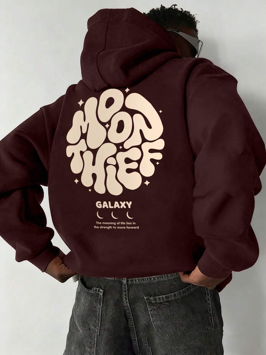 男士休闲时尚百搭日常通勤字母印花袋鼠口袋抽绳连帽衫，秋冬款 - 棕色 - 查看 1