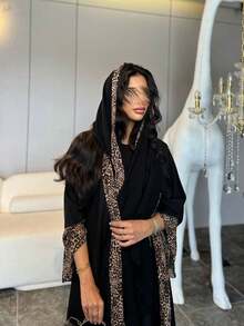 两件套女士夏季豹纹拼接睡袍配头巾套装 黑色 春季 - 黑色 - 查看 6