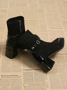 2025秋冬新款复古法式英伦风黑色方头麂皮短靴，侧拉链修身粗跟搭扣时尚连衣裙靴 - 黑色 - 查看 2