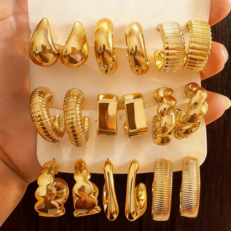 6-Piece Gold-Tone Hoop Earrings Set | Minimalist Textured Style, Versatile For Daily/Party-Budget-Friendly Luxury To Upgrade Any Look! - Yellow Gold - View 1