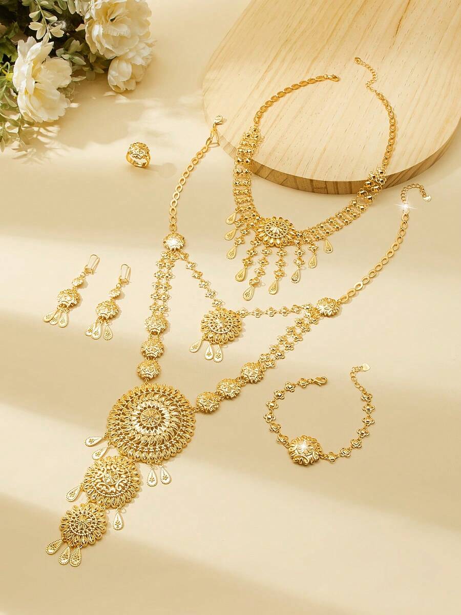 Bộ trang sức cổ điển sang trọng thời trang cao cấp Mgyi bằng đồng màu vàng dành cho nữ, vòng cổ, hoa tai, vòng tay, nhẫn thiết kế vuông sang trọng thanh lịch mạ vàng 18K dành cho nữ, phù hợp với Nigeria, Dubai, Trung Đông, Ả Rập Xê Út, trang phục cưới, trang phục hàng ngày, quà kỷ niệm ngày cưới, quà Halloween cho bạn bè - XWJT-005 - Xem 1