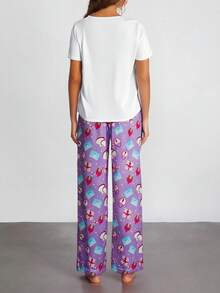 Women's Pajama Set, Wolf & Heart Print Short Sleeve Shirt And Pocket Pants, Valentine's Day Sleepwear And Loungewear Set - Multicolor - View 2