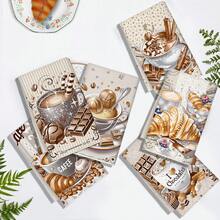 6pcs Coffee Croissant Cake Chocolate Element Printed Reusable Kitchen Dish Towels, High Absorbent Polyester Fiber Dishcloths And Tea Towels, Washable Home Decor Cleaning Cloths, 40 * 60cm Suitable For Kitchen Or Afternoon Tea Cup And Bowl Wiping