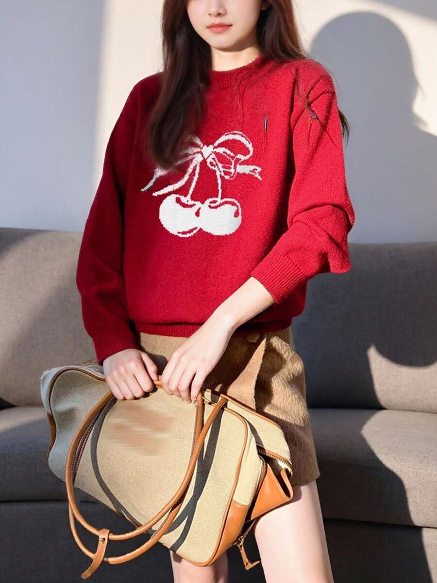 女士甜美水果图案圆领套头衫，秋冬 - 紅色 - 查看 1