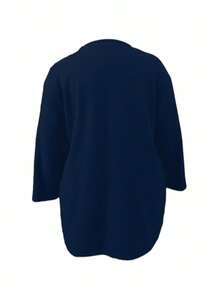 Manteau mi-long grande taille, fermeture à boutons devant, col rond, manches longues, manteau tricoté de couleur unie, best-seller automne/hiver printemps - Bleu marine - Voir 2