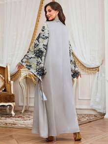 女士斋月长袍连衣裙，立领提花拼接纯色长袖连衣裙，适合正式场合、日常休闲穿着和约会。 - 灰色 - 查看 3