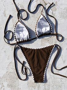 女士夏季沙滩花卉饰边露背系带性感比基尼泳装套装度假 - 咖啡 - 查看 4