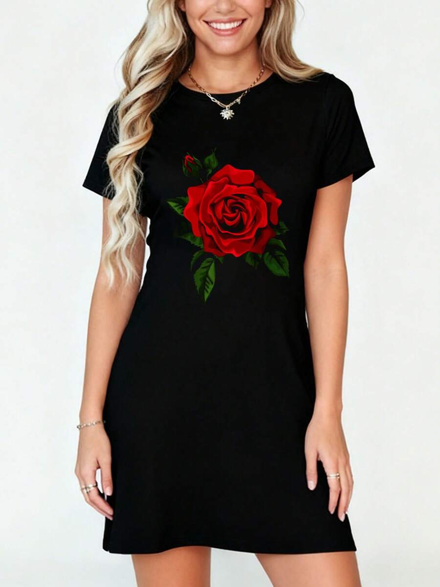 Single Red Roses Flower Of Cute Red Roses Flower Gardening T-Shirt Dress Women's Dress, Casual Summer Dress - 黑色 - 查看 1