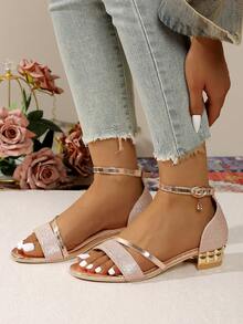 女士舒适高跟凉鞋，时尚搭扣露趾设计，适合休闲、正装、婚礼、派对、晚装等场合。 - 粉色 - 查看 4