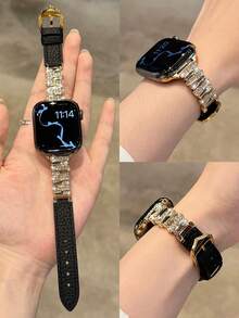 1pc Women's Black Asymmetrical Metal & Leather Premium Watch Band Compatible With 38/40/41/44/45/49/42/46mm For Apple Watch S11/SE3/Ultra3/Ultra/SE/SE2/10/9/8/7/6/5/4/3/2/1 - Black With Gold Hardware [Irregular Design] - View 3