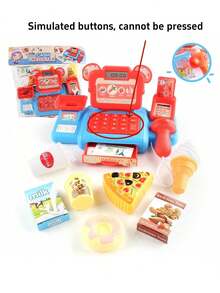 带游戏货币和配件的互动超市结账玩具 - 适合 3-6 岁儿童的角色扮演游戏套装、电池供电的扫描仪和麦克风、教育角色扮演游戏、理想的节日礼物（所有配件均为随机颜色）