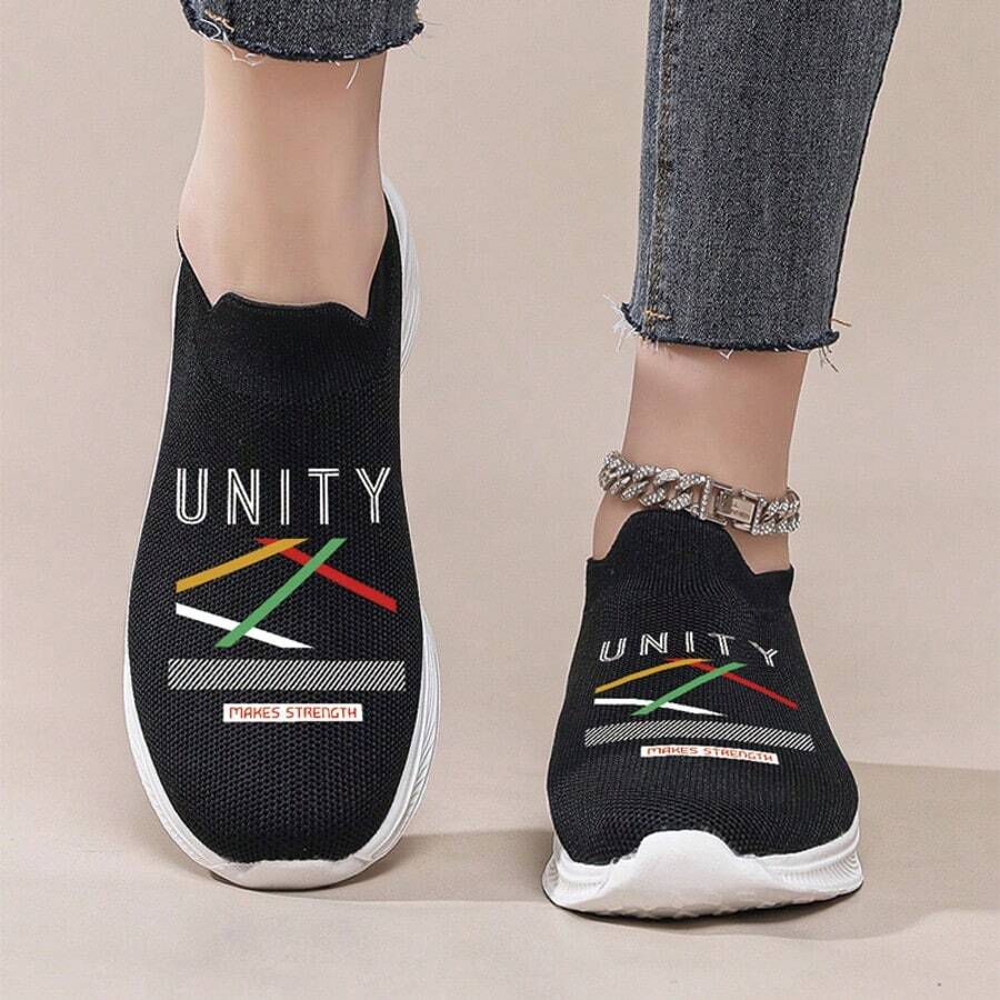 黑色2D字母印花套脚休闲运动鞋，透气 - 黑色 - 查看 1