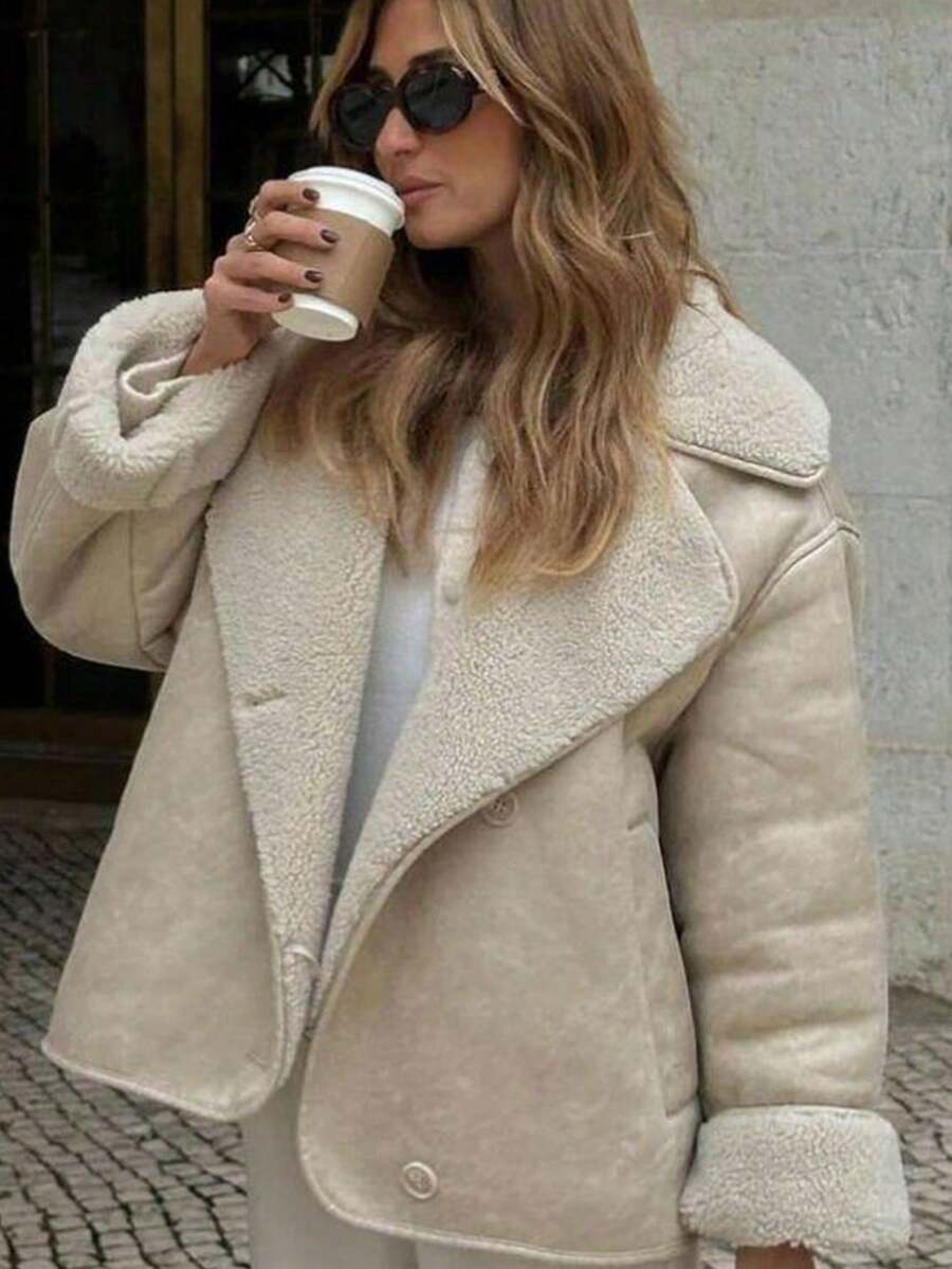 Women's Retro Faux Leather Jacket, Wool Blend Single-Breasted Coat With Pockets, High Street Outerwear For Autumn/Winter - Apricot - View 1