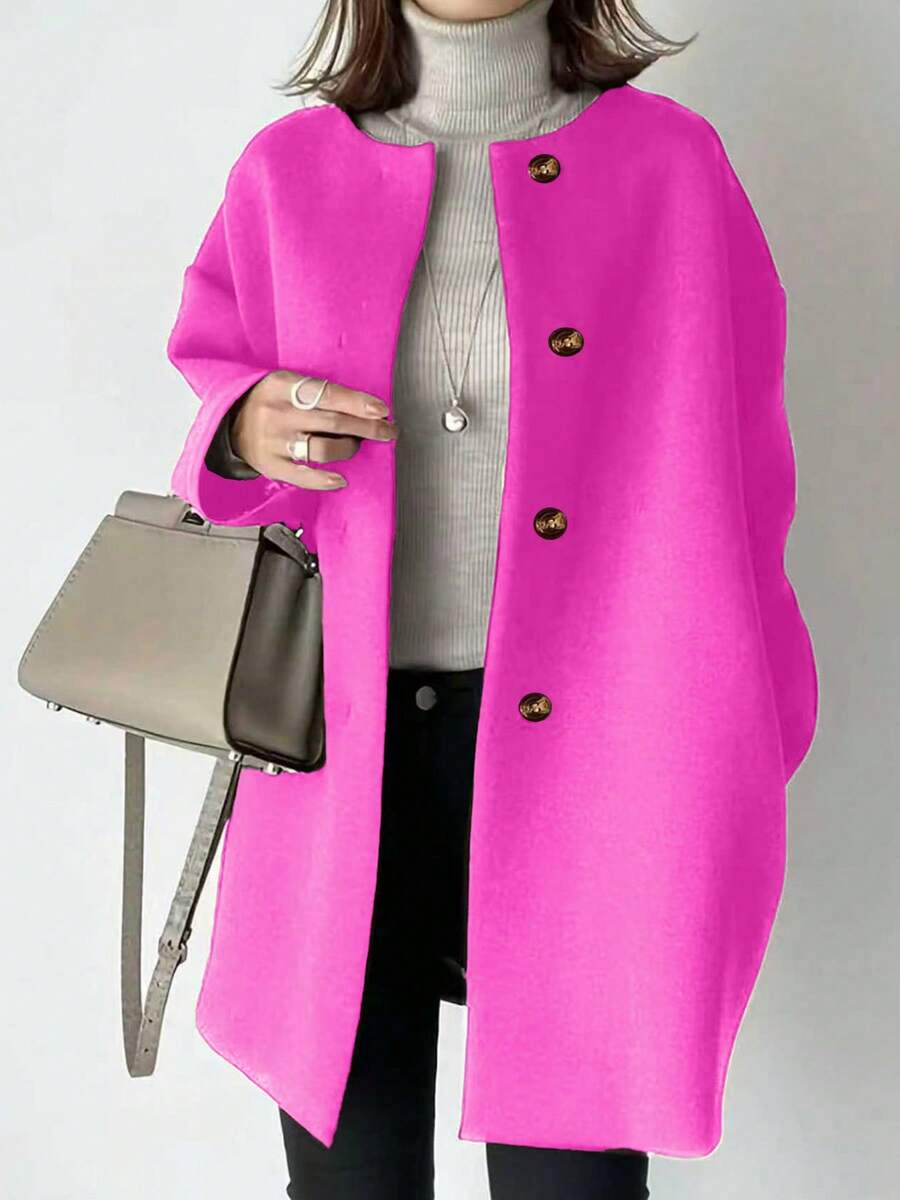 Plus Size Mid-Length Coat, Front Button Closure, Round Neck Long Sleeve, Solid Color Woolen Coat, Autumn/Winter Bestseller Spring - Hot Pink - View 1