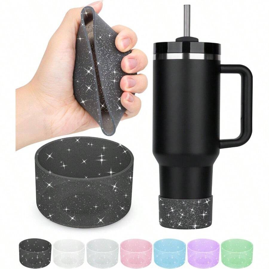 SLAW2PCS Silicone Glitter Neon Stanley Cup And Hydroflask Boot Protectors - 12-24oz And 20-40oz Avoid Scratches And Noise - 黑色 - 查看 1