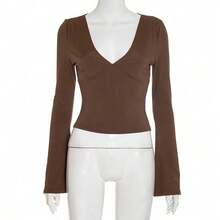 Women's Brown Deep V-Neck Long Sleeve Knit Top, Flared Cuffs, Regular Hem, Going Out - Brown - View 6