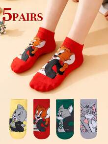 1/4 pares de calcetines de Tom y Jerry de Warner Bros, calcetines deportivos suaves y cómodos, calcetines para las cuatro estaciones, calcetines con un diseño de dibujos animados creativos de Tom y Jerry, versátiles, suaves y cómodos - Multicolor - Ver 1