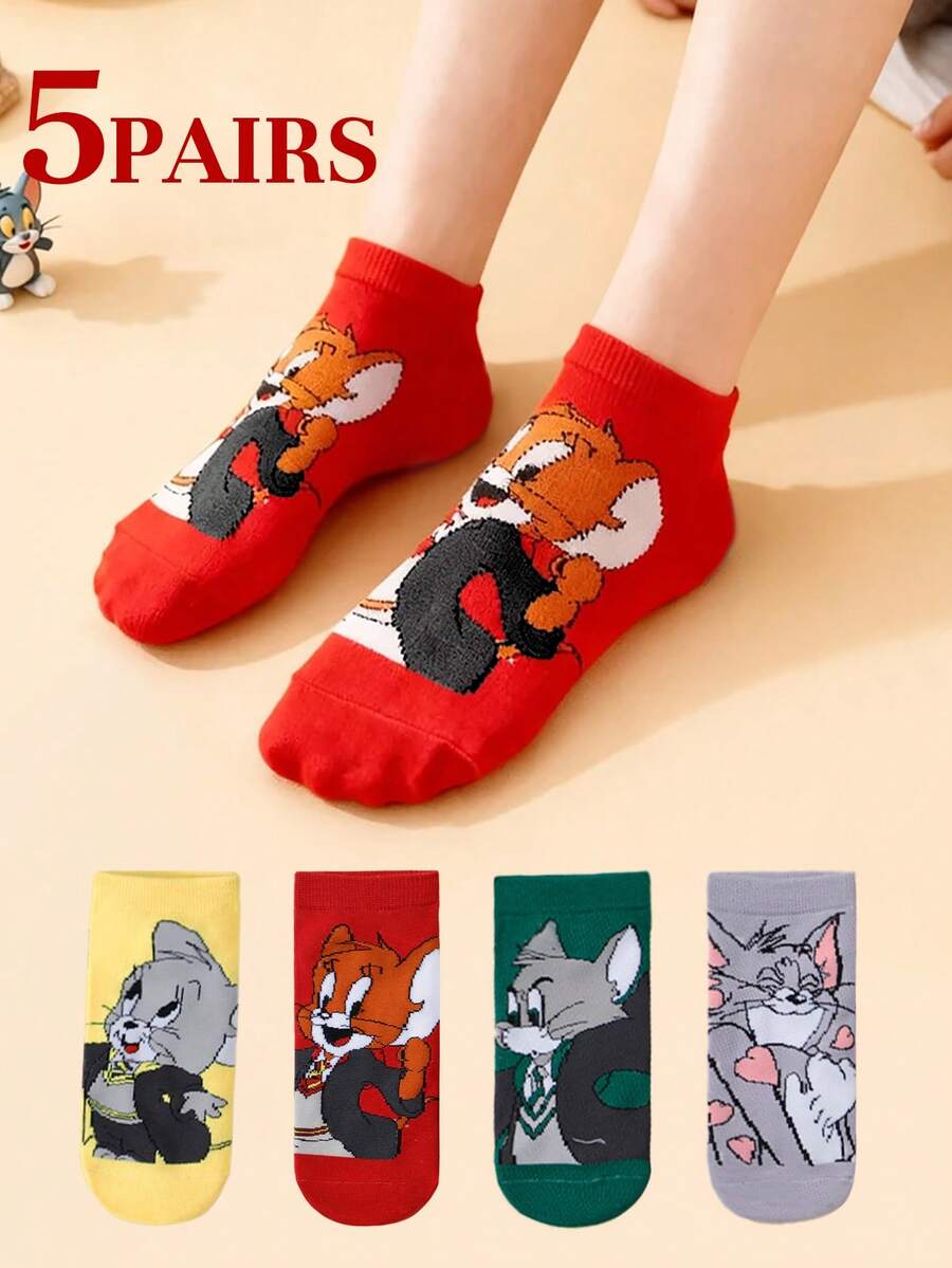 1/4 pares de calcetines de Tom y Jerry de Warner Bros, calcetines deportivos suaves y cómodos, calcetines para las cuatro estaciones, calcetines con un diseño de dibujos animados creativos de Tom y Jerry, versátiles, suaves y cómodos - Multicolor - Ver 1
