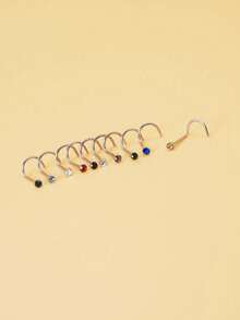 10pcs Random Color Crystal Rhinestone Basic Stainless Steel Nose Studs For Women - Multicolor - View 4
