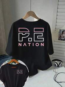 [Sporty T-Shirt]PE Nation, PE Nation Print Tshirt Short Sleeve Crew Neck Casual Top For Summer Spring, Women's ClothingRelaxed Plus Size T-Shirt - màu đen - Xem 6