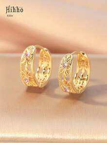 Hihho 1 对复古风格空心几何圆形镀黄铜锆石耳环，配紫色宝石，时尚珠宝礼物 - 金黃色 - 查看 9