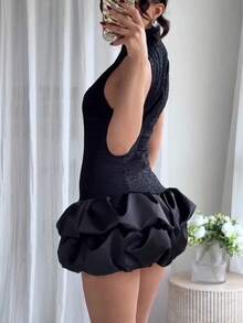 Elegant Lace Splicing Dress For Women Sleeveless High Neck Sexy Mini Dresses Female Chic Party Vintage Woman Evening Dress Black Summer - 黑色 - 查看 6