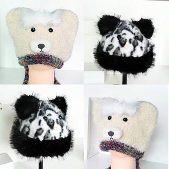 Women's Knitted Hat, Cute Animal Design, Polyester Plush Cartoon Animal Ear Warmer Beanie, Unisex Autumn/Winter Warm Knit Cap