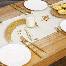 1pc Ramadan Table Runner, Golden Crescent Moon Pattern, Modern Linen-Like Table Runner, Farmhouse Decor Cabinet Flag, Ramadan, Eid Holiday Dining Table Decoration, Suitable For Festival Party, Farmhouse Kitchen And Catering Decor - Gold - View 3