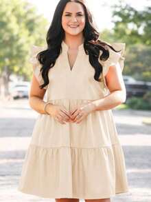 Plus Size V Neck Babydoll Dress Ruffle Short Sleeve Tiered Swing A Line Summer Mini Dress For Women - Màu Khaki - Xem 1