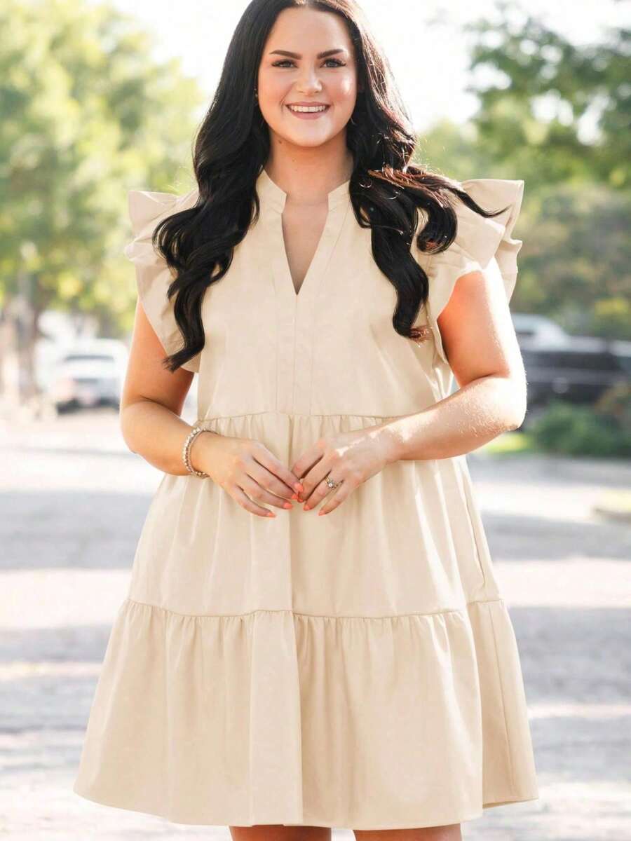 Plus Size V Neck Babydoll Dress Ruffle Short Sleeve Tiered Swing A Line Summer Mini Dress For Women - Màu Khaki - Xem 1