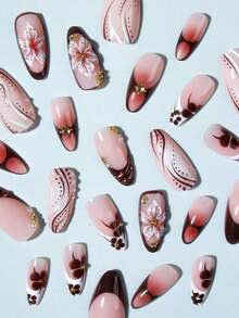 24pcs Almond Shaped 3D Gel Nail Stickers, Floral Nail Art Design, French Tip Style, Medium Size Metal Cross Decor, Pearl Accent, Perfect For Acrylic Nail Tips, Includes: 1pc Jelly Gel And 1pc Nail File. Almond Shaped French Nail Stickers, Suitable For Women's Daily Work, Festivals And Parties. - 棕色 - 查看 6