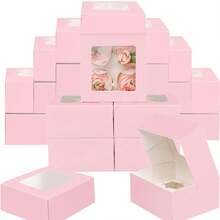 CASALIVA 25 piezas Cajas para pasteles estilo Ins, Cajas de panadería rosa con ventana, cajas individuales para cupcakes de 16x16x7.5cm, cajas de galletas kraft pequeñas cajas de golosinas para Dulces para Pasteles, Bodas, Cumpleaños - Rosa - Ver 4