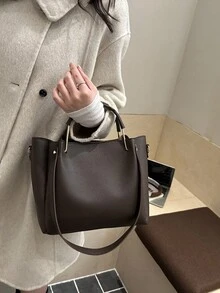 时尚纯色简约手提包，多功能托特包，斜挎包，适合女性购物、工作通勤和日常使用。 - 咖啡棕 - 查看 5