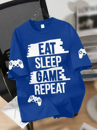 1pc Gamer Slogan Printed T-Shirt For Teenage Boys, "Eat, Sleep, Game" Graphic Tee, Suitable For School Daily Wear, Spring/Summer