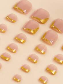 24pcs Short Square Nail Stickers, French Minimalist Gold Trim Design, Summer Nails, Sweet & Fresh Style, Suitable For Women And Girls Daily, Travel & Holiday Nail Art Supplies - Multicolor - View 4
