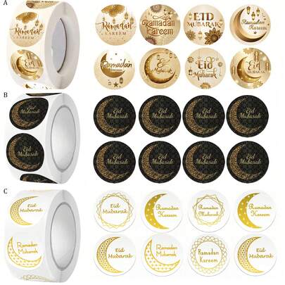 500pcs/1Roll Eid Mubarak Stickers Gold Labels For Home Ramadan Kareem Party Eid Al Adha Gifts Ramadan Mubarak