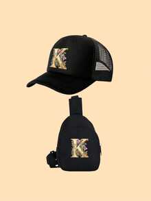 2件套儿童黑色花卉字母印花卡车帽,复古时尚设计,透气实用,适合男孩女孩户外穿着,春夏皆宜 - 黑色 - 查看 9