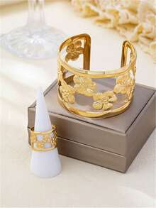 2 件/5 件套花卉项链、耳环、手链、戒指金属五瓣花首饰套装，适合女士，优雅甜美