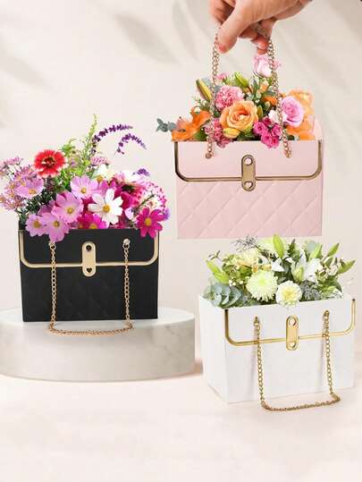 1/4pcs Portable Bouquet Carry Bags With Metal Chain, Pink, Black & White Creative Paper Flower Gift Packaging Bag For Wedding, Bridal Shower, Anniversary Celebrations, Valentine's Day & Engagement Party Favors Decorations