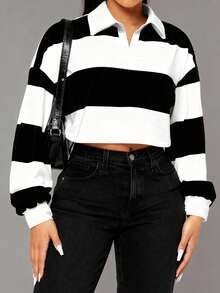 Áo polo nữ cỡ lớn kẻ sọc đen trắng, kiểu áo crop top dài tay, lý tưởng cho những dịp thường ngày và các buổi tiệc, món đồ không thể thiếu trong tủ đồ đường phố, thời trang cỡ lớn sành điệu mùa xuân. - màu đen - Xem 1