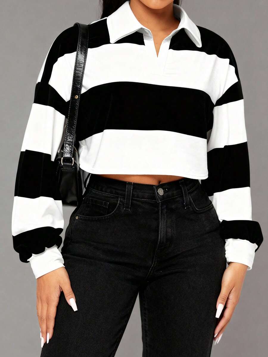 Áo polo nữ cỡ lớn kẻ sọc đen trắng, kiểu áo crop top dài tay, lý tưởng cho những dịp thường ngày và các buổi tiệc, món đồ không thể thiếu trong tủ đồ đường phố, thời trang cỡ lớn sành điệu mùa xuân. - màu đen - Xem 1