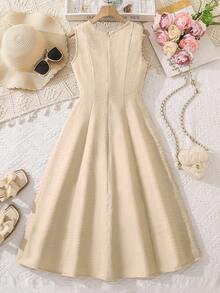 Left Mama 女童优雅无袖连衣裙，夏季 - 杏色 - 查看 2