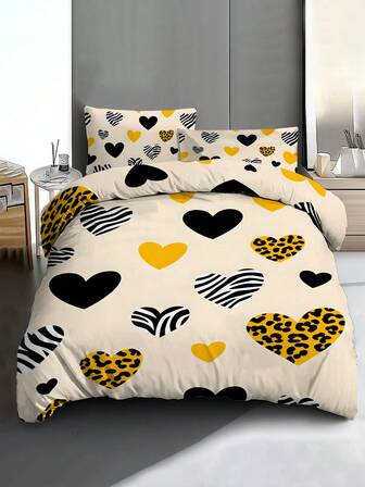 3 Pieceshigh-End Heart-Shaped Zebra And Leopard Print Bedding Set. Luxurious Bedroom Style. Color-Matching Elements For Comfortable Sleep Set. Bedding Set For Beds (1 Duvet Cover + 2 Pillowcases Without Pillow Cores), Suitable For Teenagers And Adults. Suitable For All Seasons For Warmth.