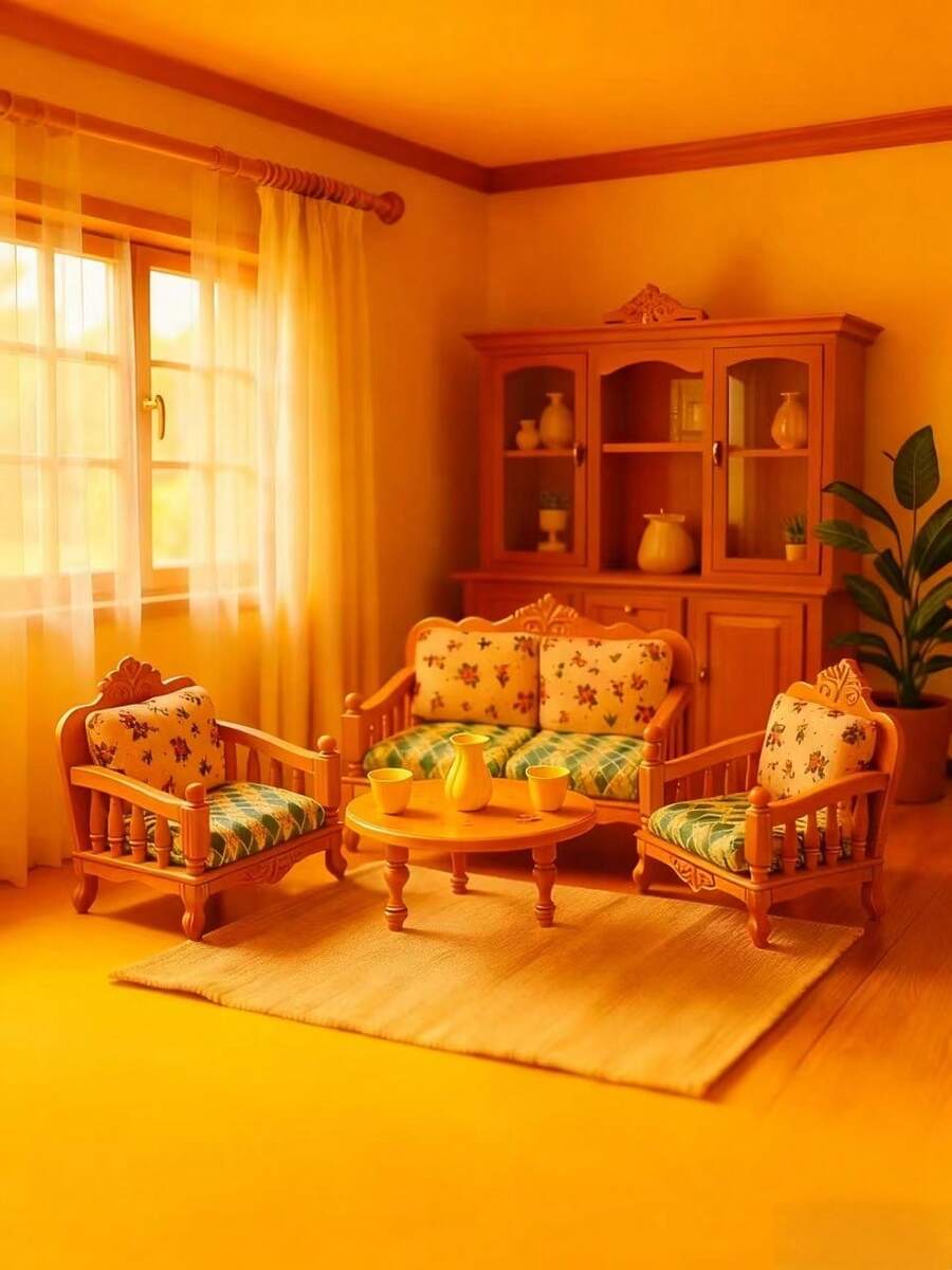 1set/47pcs Retro-Style Plastic Mini Living Room Furniture Set, Miniature Scene Ornaments, Simulation Sofa Model, Desktop Decoration 1:12, Dollhouse Mini Furniture Sofa Piano Set, Dollhouse Mini Ornaments Are Suitable For Miniature Scene Construction, Handcrafted Small House Decoration, And Can Also Be Used As Desktop Ornaments Or Collectible Gifts - Multicolor - View 1